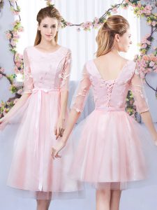 Lace and Belt Damas Dress Baby Pink Lace Up Half Sleeves Tea Length