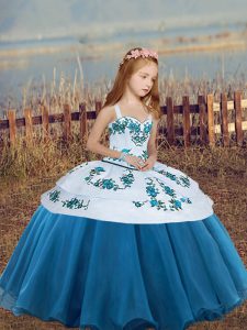 Hot Sale Floor Length Blue Little Girl Pageant Gowns Straps Sleeveless Lace Up