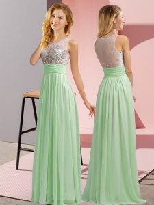 Modern Sleeveless Chiffon Floor Length Side Zipper Quinceanera Court of Honor Dress in Apple Green with Beading