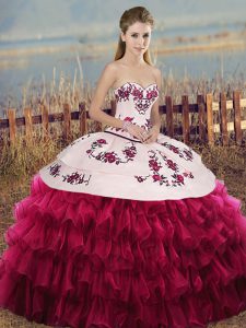Lovely Sleeveless Organza Floor Length Lace Up Quinceanera Gown in White And Red with Embroidery and Ruffled Layers and Bowknot