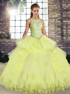 Yellow Ball Gowns Tulle Scoop Sleeveless Lace and Embroidery and Ruffles Floor Length Lace Up 15 Quinceanera Dress