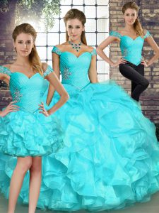Best Aqua Blue Off The Shoulder Neckline Beading and Ruffles 15th Birthday Dress Sleeveless Lace Up
