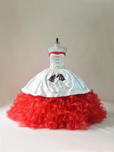 White And Red Satin and Organza Lace Up Sweet 16 Quinceanera Dress Sleeveless Floor Length Brush Train Embroidery and Ruffles