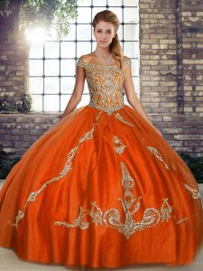 Luxury Orange Red Tulle Lace Up Ball Gown Prom Dress Sleeveless Floor Length Beading and Embroidery