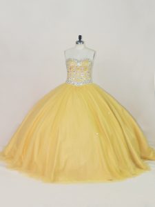 Gold Sleeveless Floor Length Beading Lace Up 15 Quinceanera Dress