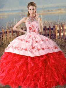 Inexpensive Organza Halter Top Sleeveless Court Train Lace Up Embroidery and Ruffles Quinceanera Gowns in Red
