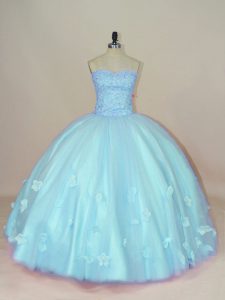 Noble Sleeveless Tulle Floor Length Lace Up Quince Ball Gowns in Aqua Blue with Beading and Hand Made Flower