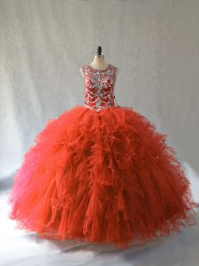 Hot Selling Sleeveless Tulle Floor Length Lace Up 15th Birthday Dress in Orange Red with Beading and Ruffles