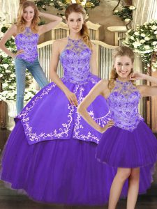 Floor Length Three Pieces Sleeveless Purple Quinceanera Gown Lace Up