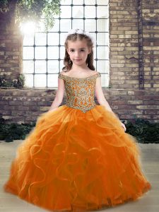 Beading Pageant Gowns Orange Lace Up Sleeveless Floor Length