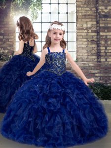 Charming Floor Length Ball Gowns Sleeveless Blue Kids Pageant Dress Lace Up
