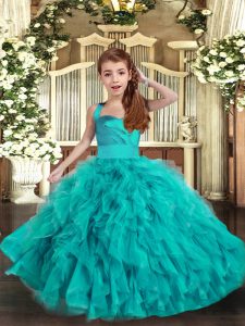 Aqua Blue Tulle Lace Up Little Girl Pageant Dress Sleeveless Floor Length Ruffles