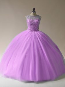 Best Lilac Ball Gowns Beading 15th Birthday Dress Lace Up Organza Sleeveless Floor Length