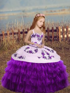 Eggplant Purple Ball Gowns Embroidery and Ruffled Layers Child Pageant Dress Lace Up Organza Sleeveless Floor Length
