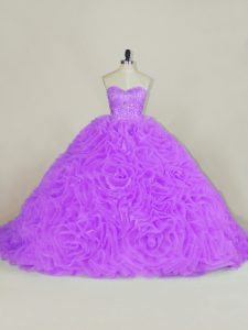 Fashionable Fabric With Rolling Flowers Sweetheart Sleeveless Court Train Lace Up Beading Sweet 16 Quinceanera Dress in Lavender