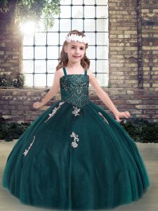 Pretty Teal Lace Up Spaghetti Straps Appliques Little Girl Pageant Gowns Tulle Sleeveless
