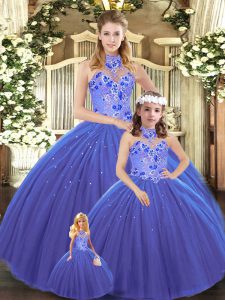 Sleeveless Tulle Lace Up Sweet 16 Dresses in Blue with Embroidery