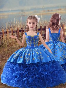 Embroidery Little Girls Pageant Dress Wholesale Blue Lace Up Sleeveless Sweep Train