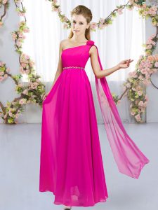 Hot Pink Chiffon Lace Up Court Dresses for Sweet 16 Sleeveless Floor Length Beading and Hand Made Flower