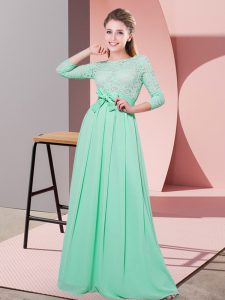 Fantastic Floor Length Apple Green Quinceanera Court Dresses Chiffon 3 4 Length Sleeve Lace and Belt