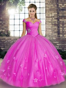 Lilac Quinceanera Dress Military Ball and Sweet 16 and Quinceanera with Beading and Appliques Off The Shoulder Sleeveless Lace Up