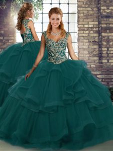Popular Peacock Green Tulle Lace Up Sweet 16 Dresses Sleeveless Floor Length Beading and Ruffles