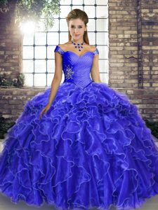 Beauteous Sleeveless Brush Train Beading and Ruffles Lace Up Ball Gown Prom Dress