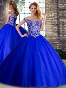Glamorous Royal Blue Sweet 16 Quinceanera Dress Off The Shoulder Sleeveless Brush Train Lace Up