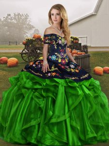 Unique Sleeveless Organza Floor Length Lace Up Quinceanera Gowns in Green with Embroidery and Ruffles