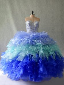 Best Selling Beading and Ruffles Sweet 16 Dress Multi-color Lace Up Sleeveless Floor Length