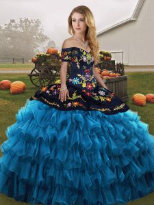 Lovely Blue And Black Quince Ball Gowns Military Ball and Sweet 16 and Quinceanera with Embroidery and Ruffled Layers Off The Shoulder Sleeveless Lace Up