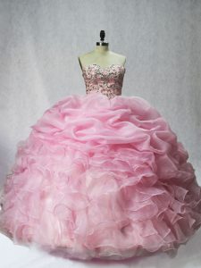 Simple Baby Pink Lace Up Sweetheart Beading and Ruffles and Pick Ups 15 Quinceanera Dress Organza Sleeveless