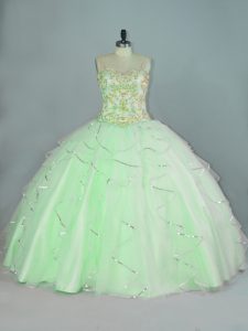 Customized Sleeveless Organza Floor Length Lace Up Ball Gown Prom Dress in Apple Green with Beading and Ruffles