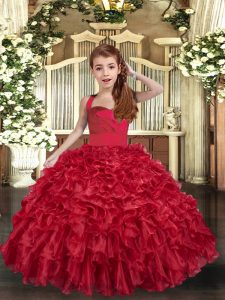Red Little Girl Pageant Gowns Party and Wedding Party with Ruffles Straps Sleeveless Lace Up