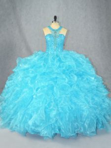Dramatic Baby Blue Quinceanera Gowns Sweet 16 and Quinceanera with Beading and Ruffles Scoop Sleeveless Zipper