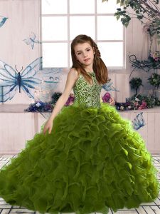 Scoop Sleeveless Pageant Gowns Floor Length Beading and Ruffles Olive Green Organza