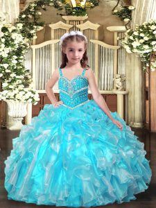 Straps Sleeveless Lace Up Pageant Gowns For Girls Aqua Blue Organza