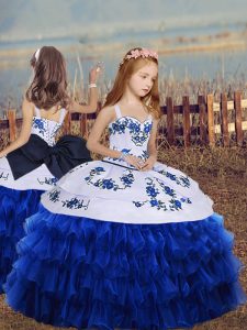 Glorious Straps Long Sleeves Pageant Gowns For Girls Floor Length Embroidery and Ruffled Layers Royal Blue Organza
