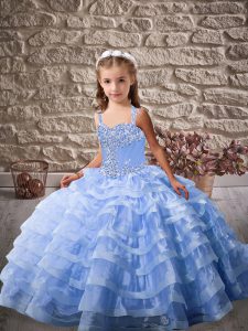 Latest Blue Organza Lace Up Straps Sleeveless Pageant Dress for Teens Brush Train Beading and Ruffled Layers