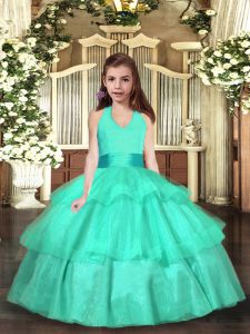 Top Selling Turquoise Organza Lace Up Kids Formal Wear Sleeveless Floor Length Ruffled Layers