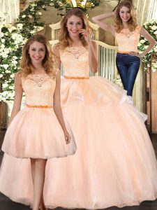 Top Selling Peach Three Pieces Organza Scoop Sleeveless Lace Floor Length Zipper Quinceanera Dress