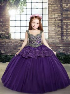 Purple Lace Up Little Girls Pageant Dress Beading and Appliques Sleeveless Floor Length