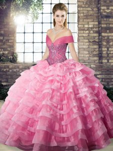 Latest Sleeveless Organza Brush Train Lace Up Sweet 16 Dress in Rose Pink with Beading and Ruffled Layers