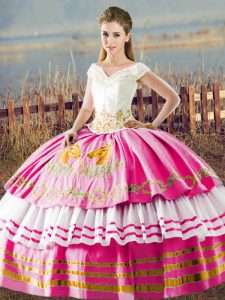 Floor Length Hot Pink Vestidos de Quinceanera Satin Sleeveless Embroidery and Ruffled Layers
