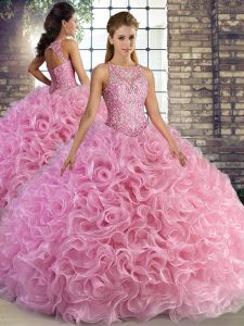 Sleeveless Fabric With Rolling Flowers Floor Length Lace Up 15 Quinceanera Dress in Rose Pink with Beading
