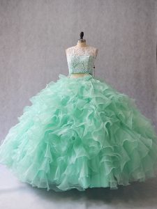 Dazzling Scoop Sleeveless Sweet 16 Dresses Floor Length Beading and Lace and Ruffles Apple Green Organza