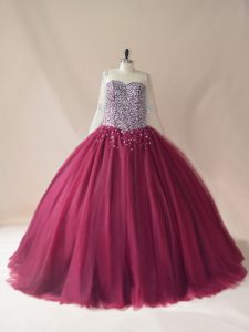 Charming Burgundy Lace Up Vestidos de Quinceanera Beading Long Sleeves Brush Train