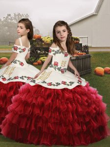 Elegant Red Straps Neckline Embroidery and Ruffled Layers Little Girl Pageant Gowns Sleeveless Lace Up