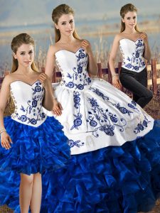 Satin and Organza Sweetheart Sleeveless Lace Up Embroidery and Ruffles Vestidos de Quinceanera in Blue And White