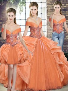 Comfortable Orange Three Pieces Off The Shoulder Sleeveless Organza Floor Length Lace Up Beading and Ruffles 15 Quinceanera Dress